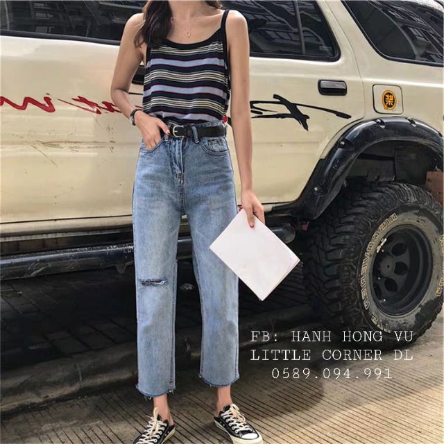 Quần slim baggy jeans xám rách bên ulzzang cạp cao kèm ảnh thật
