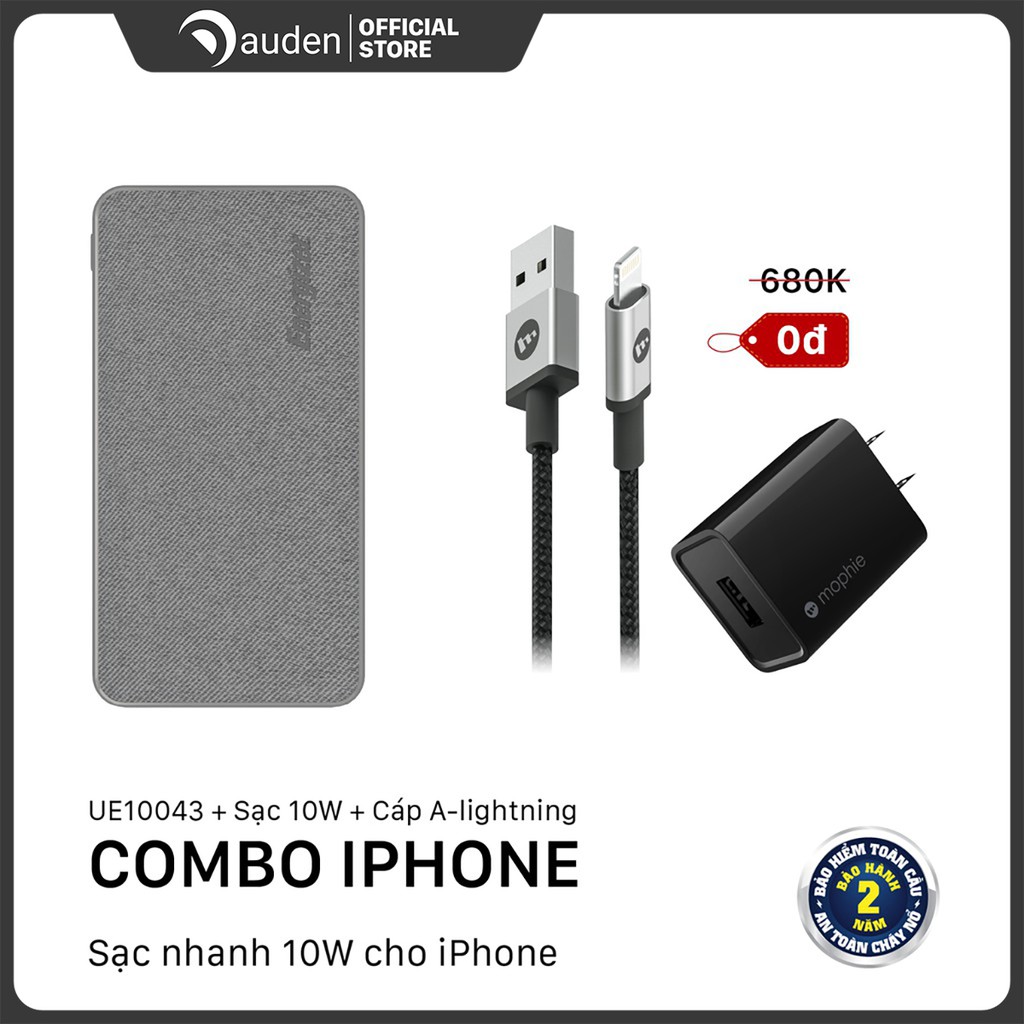 Combo Pin Energizer 10,000mAh UE10043 + Sạc nhanh Mophie 10W + cáp A to Lightning 1M - Dâu Đen Store