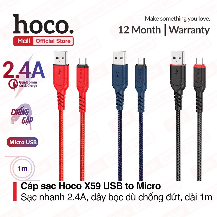Cáp sạc nhanh Hoco X59 Chân Micro chống gẫy gập dài 1m