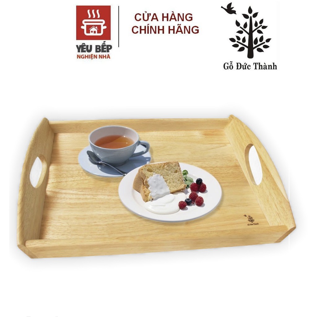 Khay Gỗ Cao Su Tự Nhiên Đức Thành Hình Chữ Nhật Có Tay Cầm 21741- Khay Dành Cho Món Cơm/Mì Pasta/Bánh Kem/Tráng Miệng