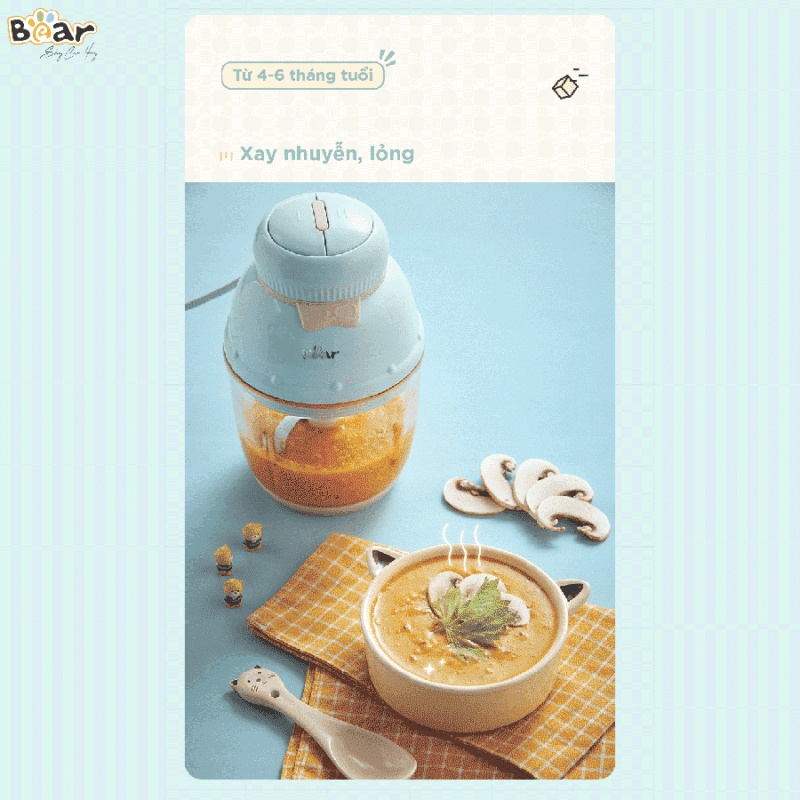 Máy xay ăn dặm mini đa năng cho bé ăn dặm 0.6L Bear QSJ-C02K1, 2 mức độ xoay, cối thủy tinh, lưỡi dao innox không gỉ