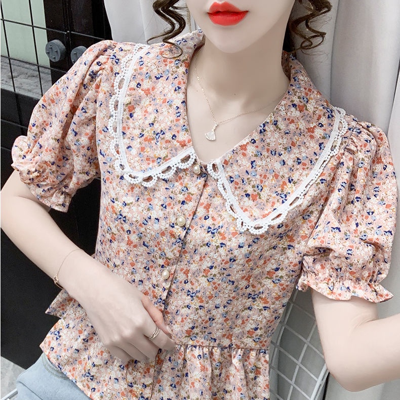 Áo Sơ Mi Voan Ngắn Tay Phối Ren Hoa Thời Trang Dành Cho Nữ