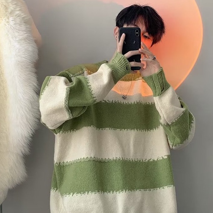Áo len sọc Áo Sweater Dáng Rộng Thời Trang Retro Dành Cho Nam Áo len phụ nữ lỏng lẻo Áo len nữ form rộng
