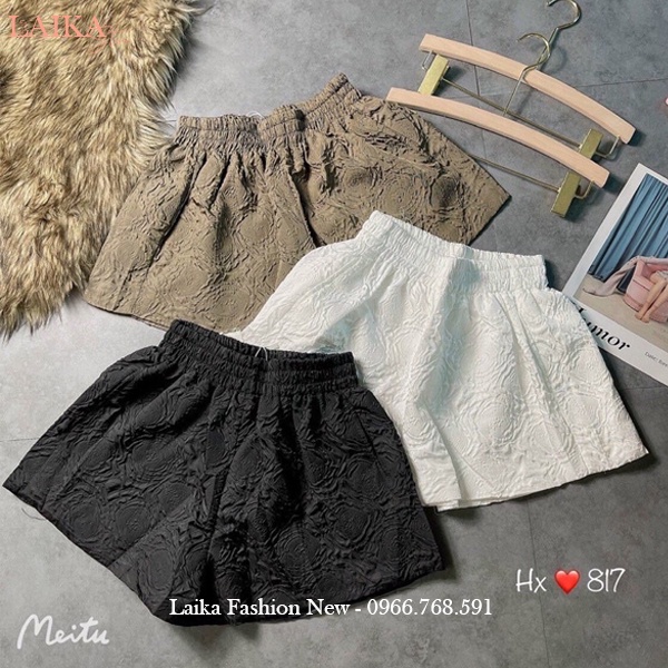 Quần đùi nữ mặc nhà lưng cao cạp chun thun co giãn vải xốp phồng dập nổi 3D hoa hồng dáng quần short nữ ống rộng ở nhà