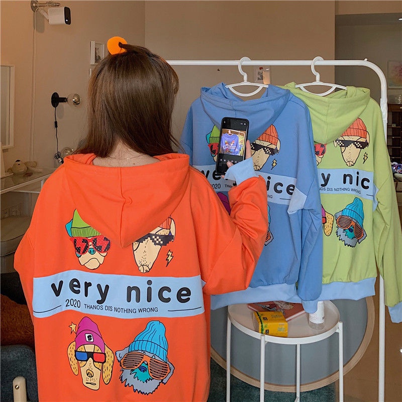 ZHELIHANGFEI Áo Hoodie Tay Dài Form Rộng Họa Tiết In Theo Phong Cách Preppy Dễ Phối Đồ