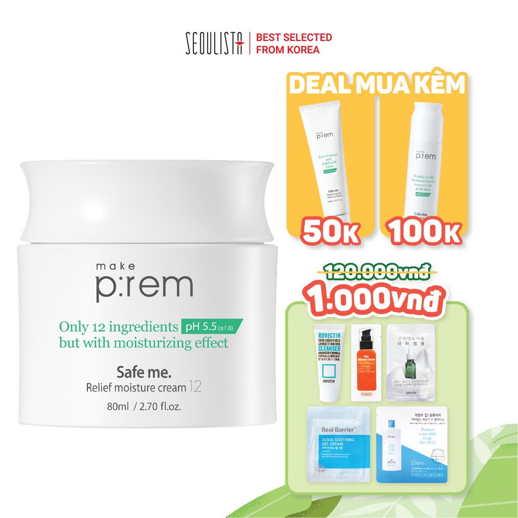 Kem dưỡng ẩm cho da nhạy cảm Make P:rem Safe me. Relief Moisture Cream 12 80ml (lỗi vỏ)