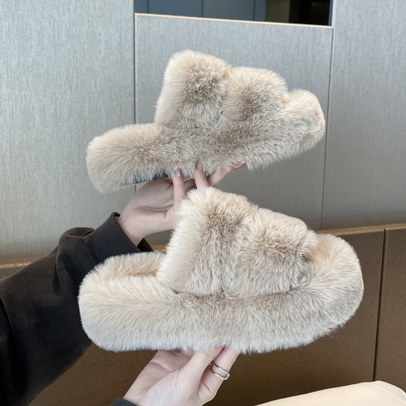 Dép Nữ Đế Dày Phối Lông Thời Trang Thu Đông Dễ Thương