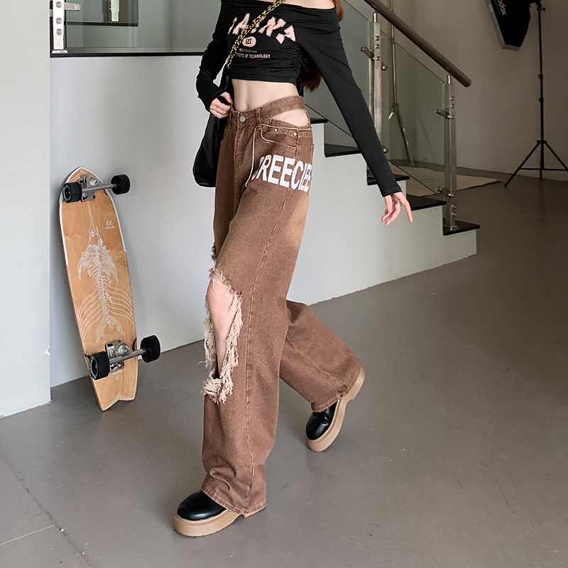 Quần jean dài ống rộng thiết kế rách lỗ thời trang dành cho nữ