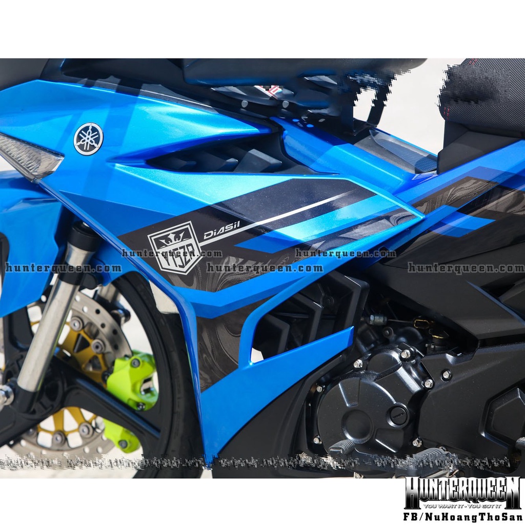 Tem rời in UV cao cấp, Dán xe Exciter 150 đời 2016-2018 màu đen xanh. Mẫu decal Y15ZR hoa văn chìm ẩn