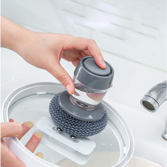 Bàn chải cọ xoong nồi, cọ bếp, cọ rửa bát đĩa có bình đựng xà phòng
