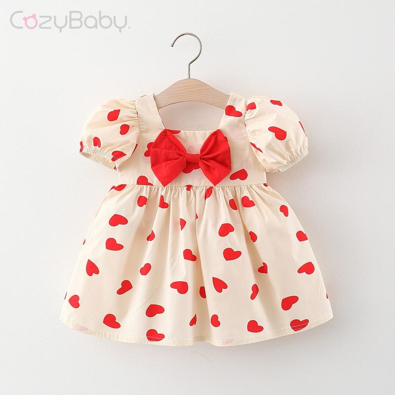 Đầm cho bé gái 1 tuổi Đầm công chúa tay phồng in họa tiết trái tim thời trang mùa hè cho bé gái đầm công chúa cho bé gái