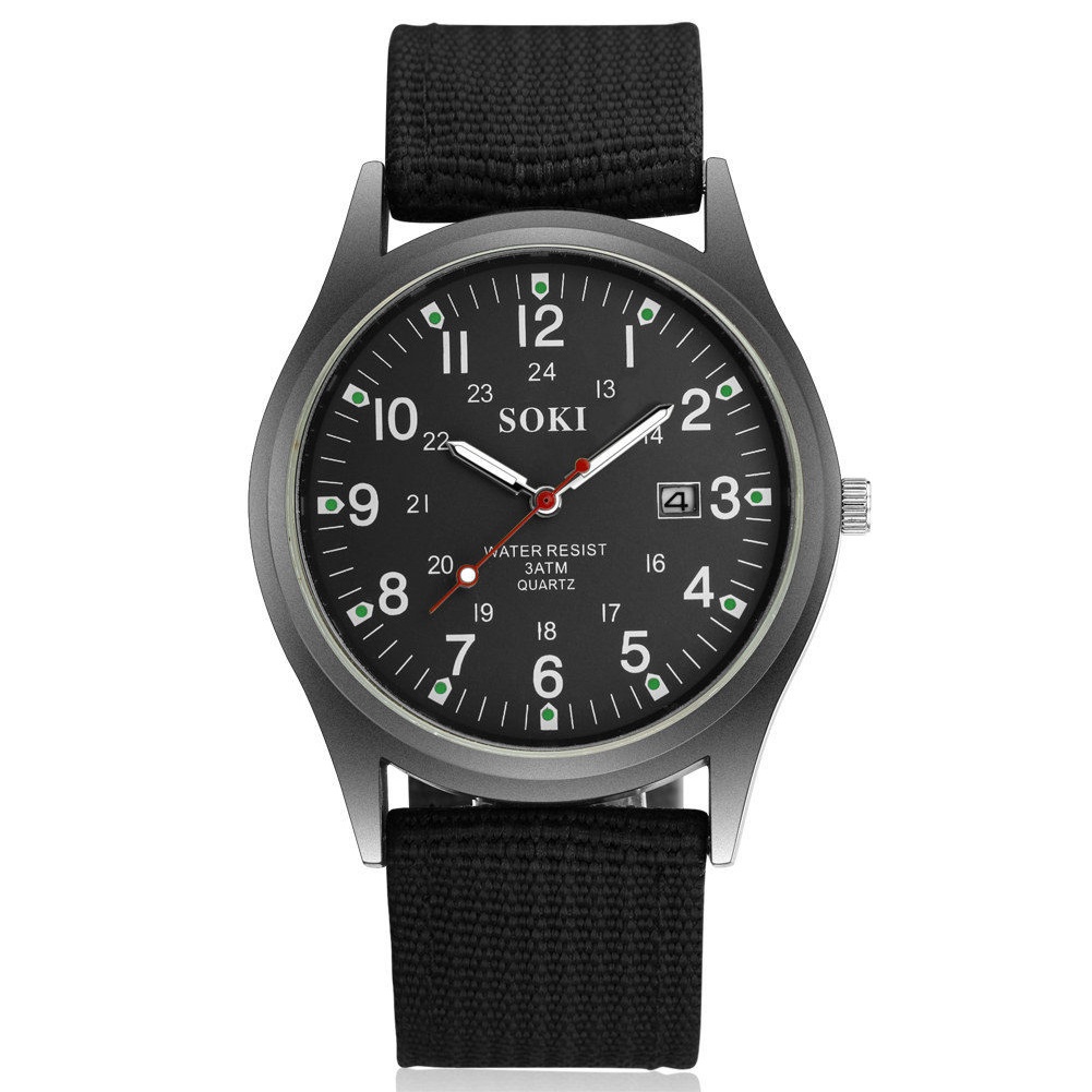 MACmk Men Weave Nylon Band Arabic Numerals Dial Calendar Analog Quartz Wrist Watch