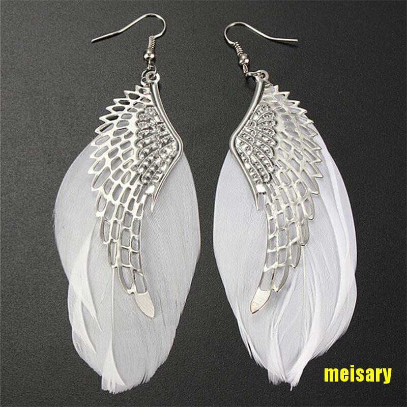 [mei] Angel Wing White Feather Dangle Earring Fashion Jewelry Long Earrings for Women eqrr