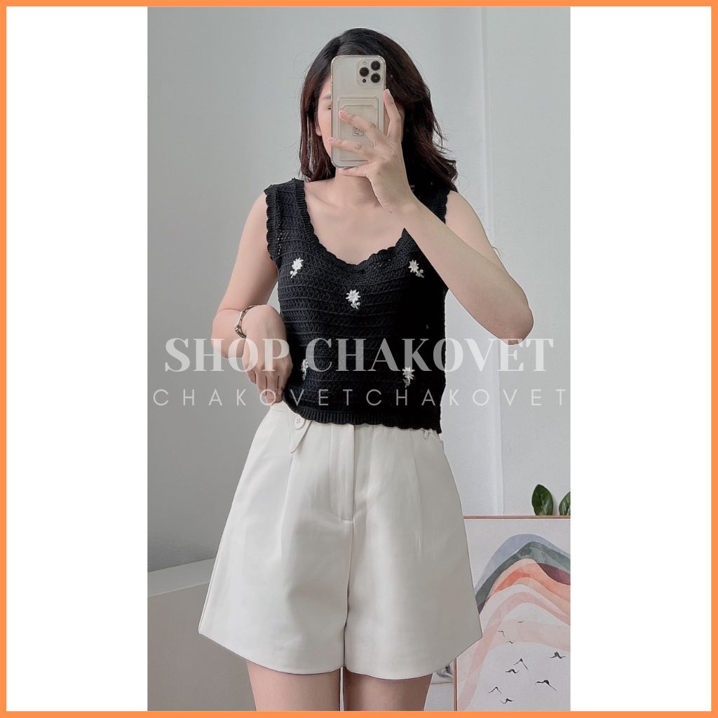Áo len ba lỗ dáng Croptop tiểu thư A8402 Áo 2 dây bản to dệt kim thêu họa tiết hoa xinh xắn thời trang Hàn Quốc cực HOT