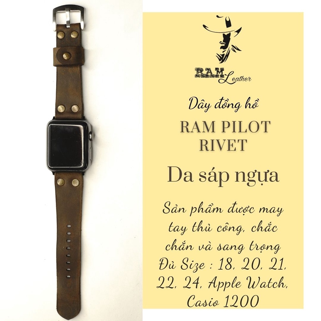 Dây Apple Watch , iWatch , iphone Watch da bò sáp ngựa điên RAM Leather Pilot Rivet