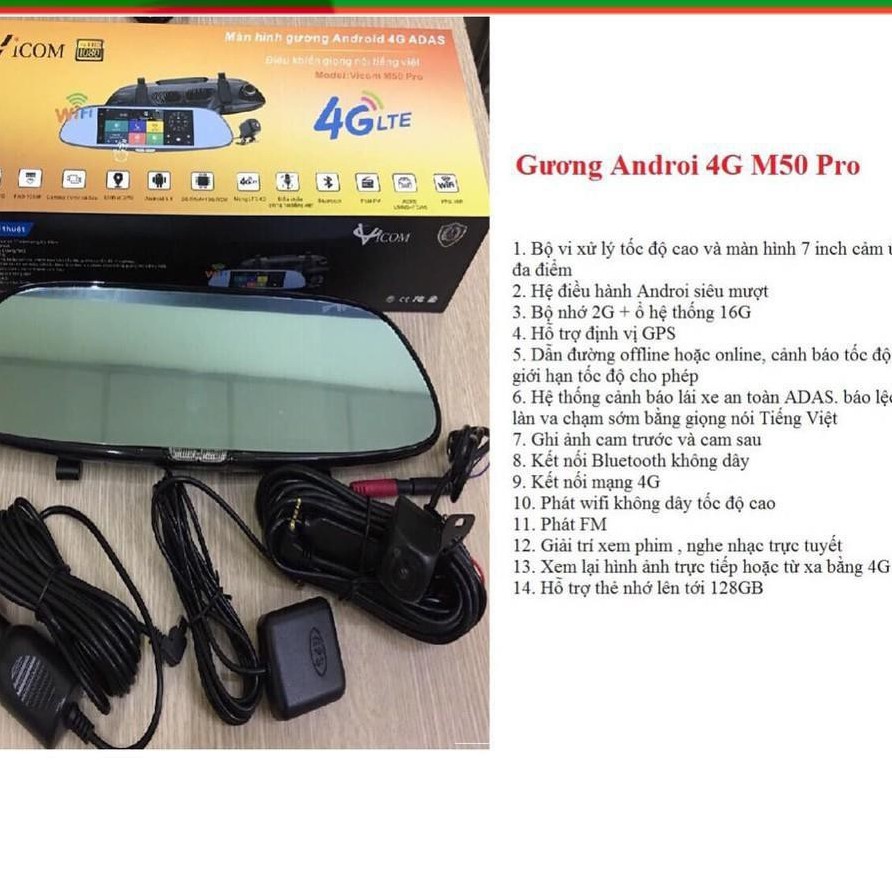 Camera hành trình gương Android Viccom M50 Pro 4G/Wifi/GPS/ADAS cảnh báo làn đường tiếng Việt tặng thẻ 32gb