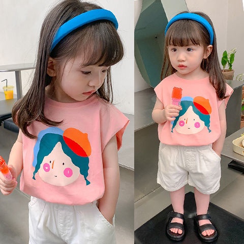 [Babycat] Hàng Có Sẵn Áo Thun Cotton Sát Nách Mỏng Mùa Hè Cỡ Nhỏ / Trung Bình Phong Cách Nhật Bản / Hàn Quốc Cho Bé Gái