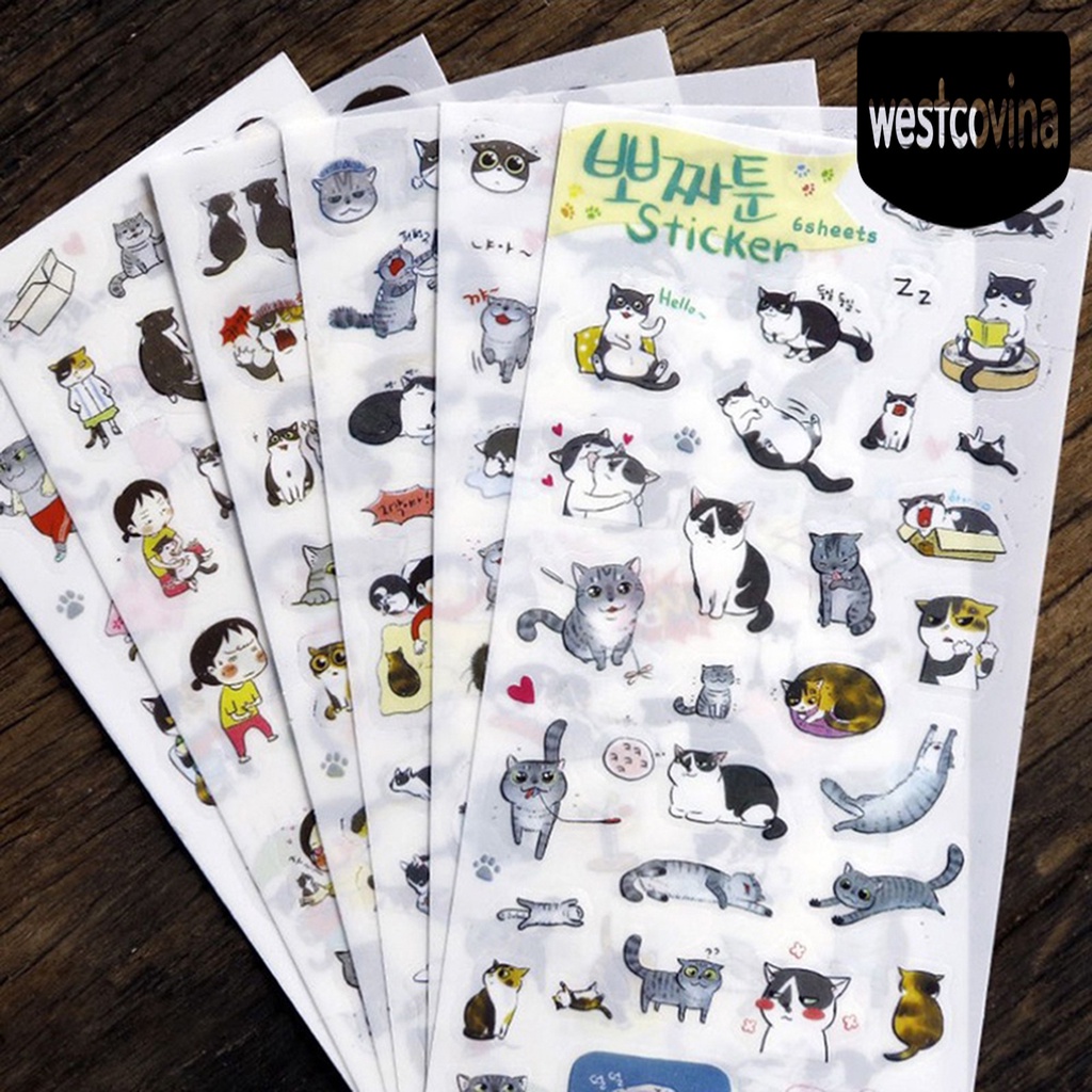 Phương Tây✎Set 6 Tấm Hình Dán Mèo Trong Suốt Trang Trí Nhật Ký
