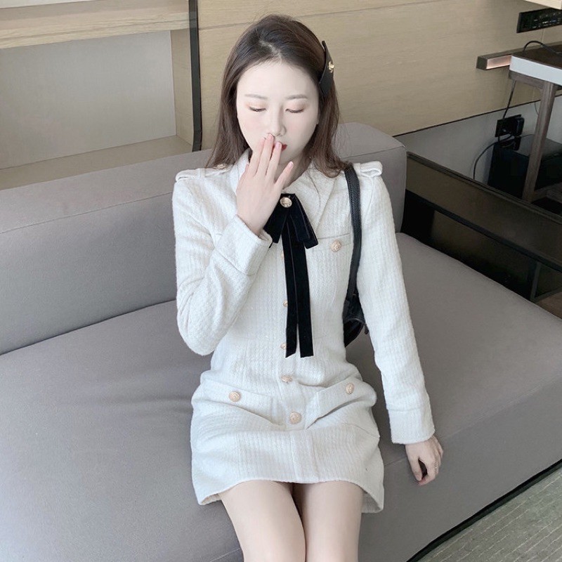 Đầm dạ tiểu thư thắt nơ koreastyle