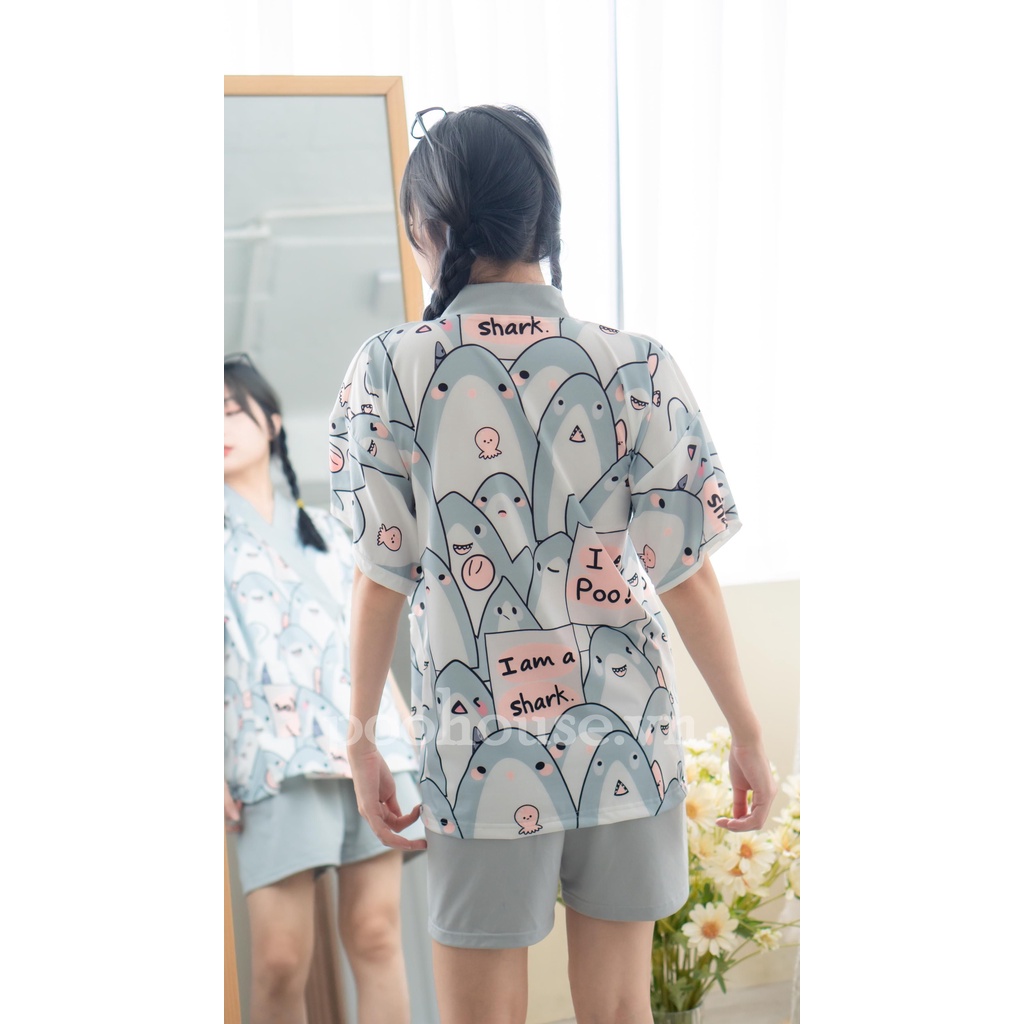 Combo Cá mập- Hoạt hình - Pijama kimono ngủ chất liệu cotton, đồ ngủ kimono đồ ngủ kiểu Nhật bản - Poohouse Pyjama