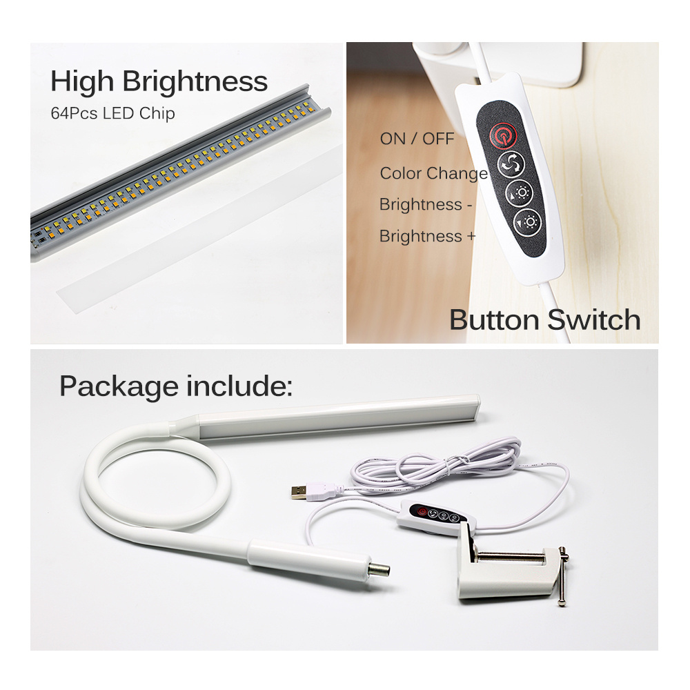 Đèn bàn dạng kẹp 64 bóng LED thân dài cổng USB ánh sáng 3 màu có thể điều chỉnh bảo vệ mắt cho văn phòng