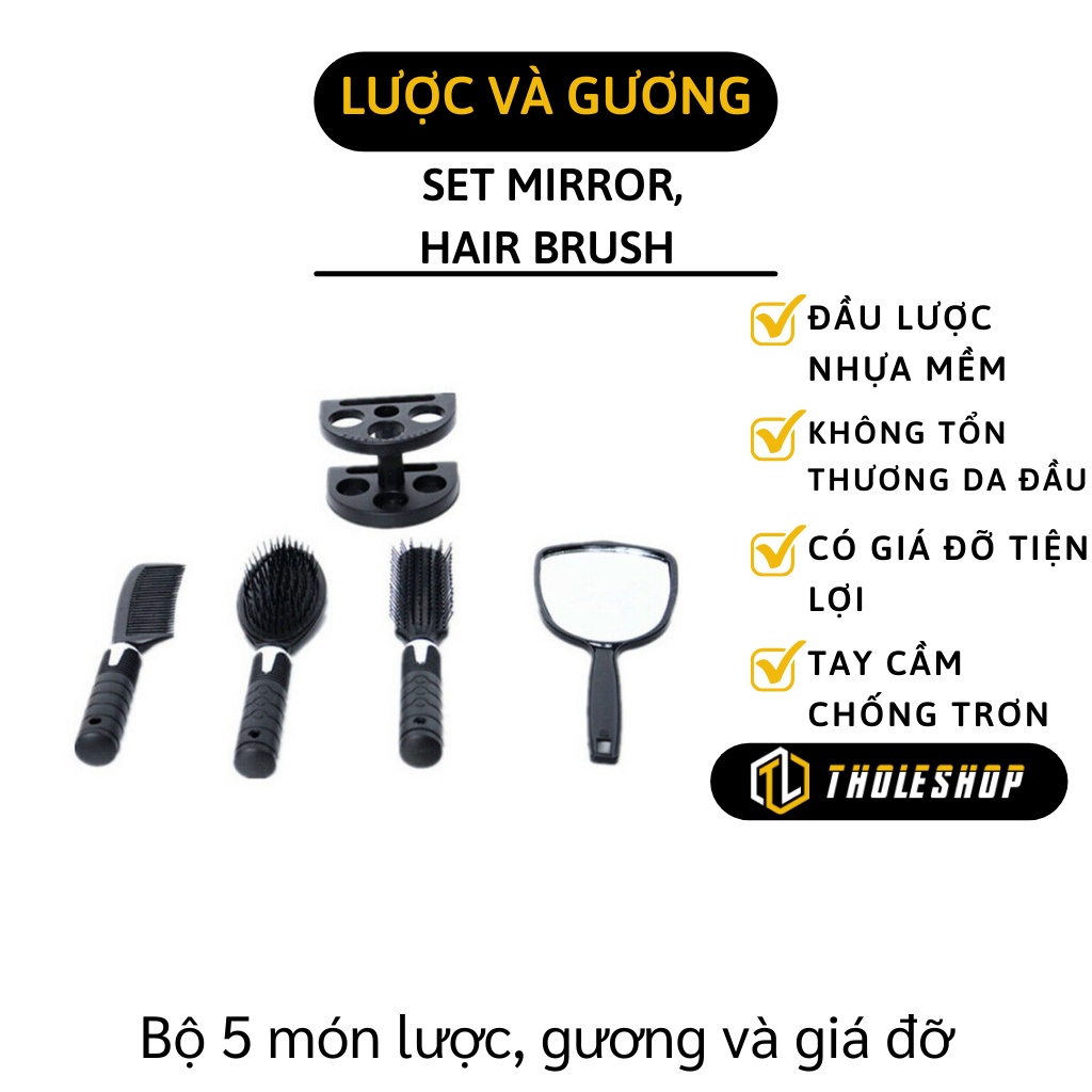 Lược Gỡ Rối - Bộ 5 Món Lược Massage Tạo Kiểu Tóc, Gương Và Đế Đứng Tiện Lợi 6344