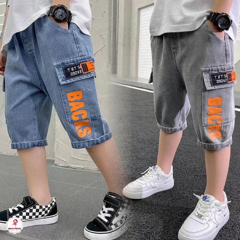 Quần sooc lửng jean bé trai mập 8 9 10 11 12 tuổi☑️ Thời trang quần bò size đại 25kg 30kg 35kg 40kg