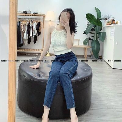 Quần Jeans ống xuông 2 túi tà cắt gấu