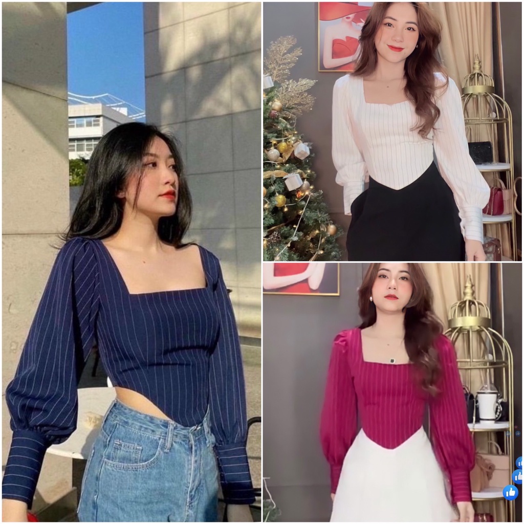 [HOT]Áo Croptop Sọc Xanh Cổ Vuông Khoét Eo 🦋FREESHIP🦋 Áo Tay Dài Bó Tay Có Khóa Lưng
