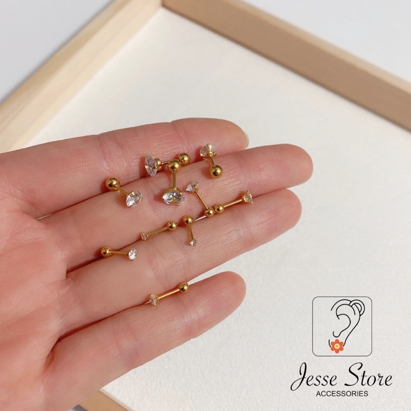 1 Khuyên tai y tế-Khuyên Thép không gỉ - Titanium KHÔNG GÂY NGỨA TAI hình hột đá