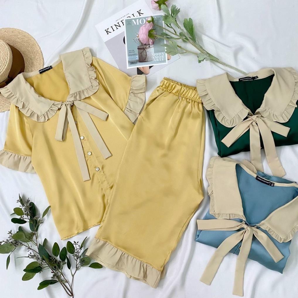 Đồ bộ nữ pijama quần lửng cổ bèo nơ tiểu thư mát mịn thoải mái bigsize dành cho người béo 55-90kg