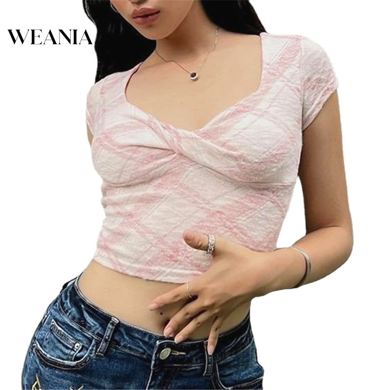 Áo Croptop Tay Ngắn Cổ Chữ V Hoạ Tiết Kẻ Sọc Thiết Kế Thắt Nút Độc Đáo