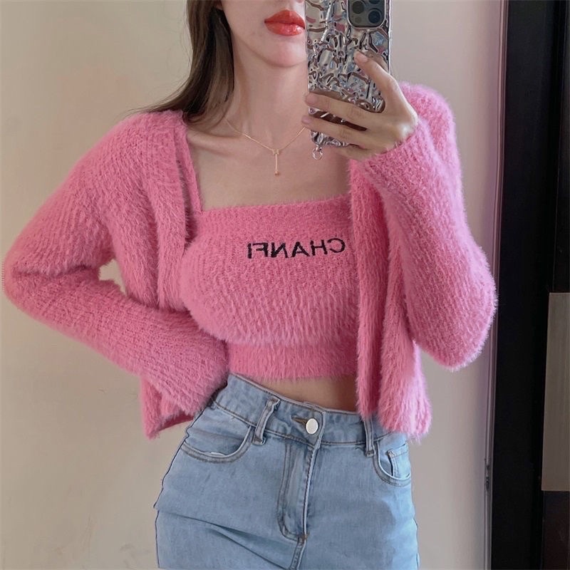 Set áo croptop + áo khoác lông cha.nel