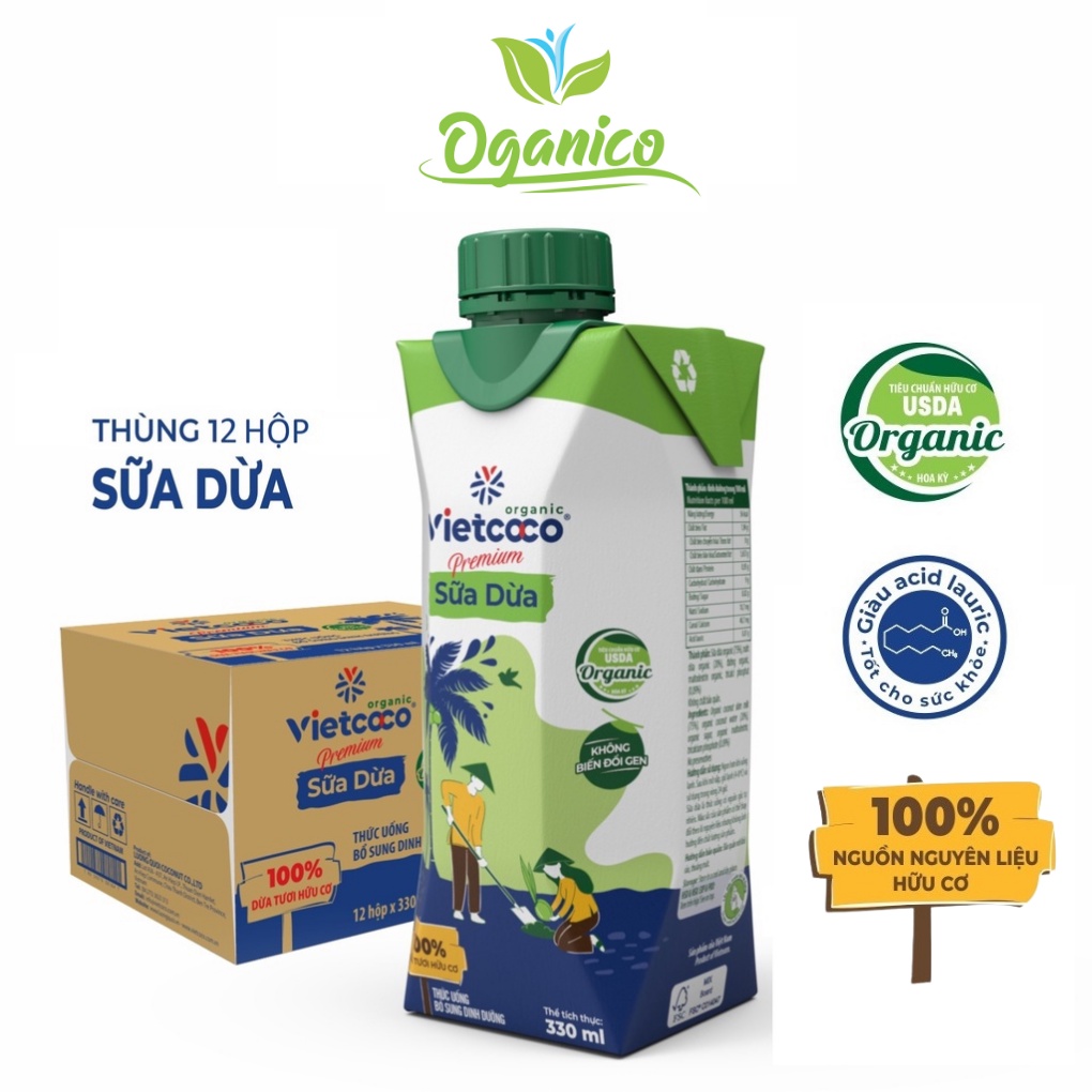 Sữa dừa Hữu Cơ Vietcoco Thùng 12 hộp 330ml - Organic Coconut Milk