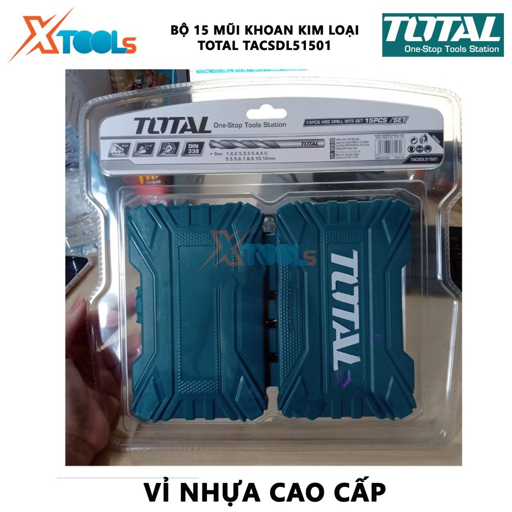 Bộ 15 mũi khoan kim loại TOTAL TACSDL51501 Combo 15 mũi khoan hss 15 mũi có kích thước từ 1-12 mm, mũi khoan hợp kim thé