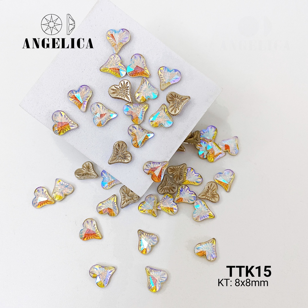 Túi 10 Viên Đá khối Nail To Hình Trái Tim Nhiều Khía, Chân Vàng Trang Trí Móng ANGELICA TTK
