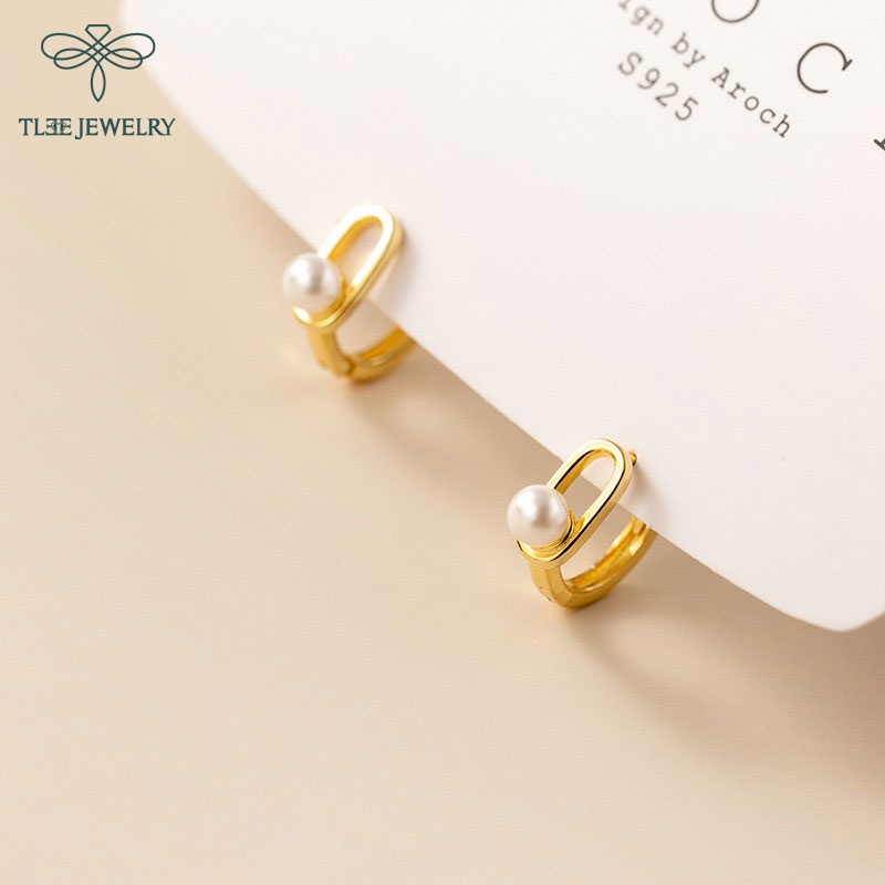 Khuyên tai bạc nữ TLEE mẫu tròn bấm gắn ngọc trai nhân tạo trendy TleeJewelry B0253