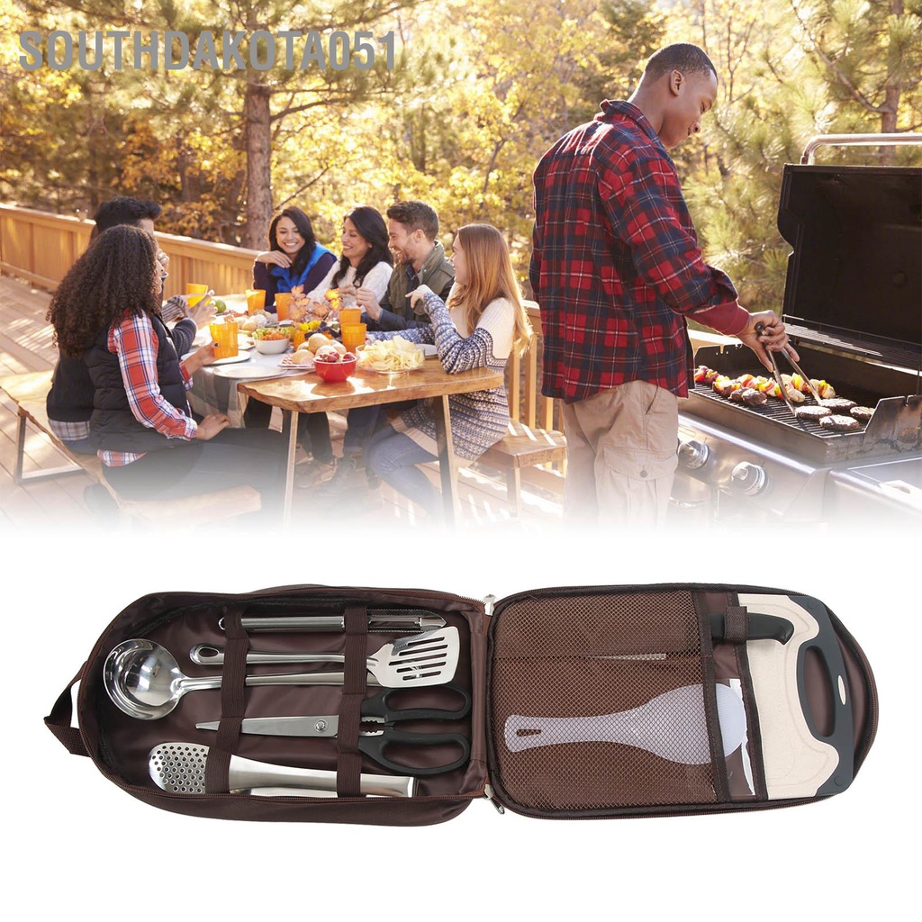 Southdakota051 8 chiếc Cắm trại Bộ nấu ăn Di động bằng thép không gỉ ngoài trời Dụng cụ làm bếp dao kéo BBQ