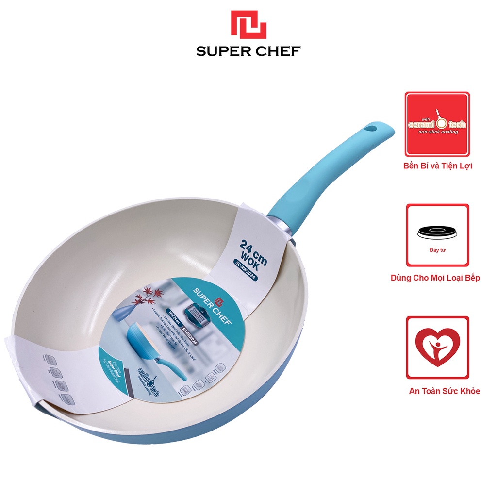 Chảo Xào Chống Dính Super Chef Đáy Từ Chef Blue Thiết Kế Vân Sóng Cao Cấp, Sang Trọng Size 24cm