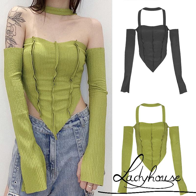 LD-Women´s Crop Tops, Halter Neck Off Shoulder Long Sleeve Solid Color T-Shirt for Young Ladies