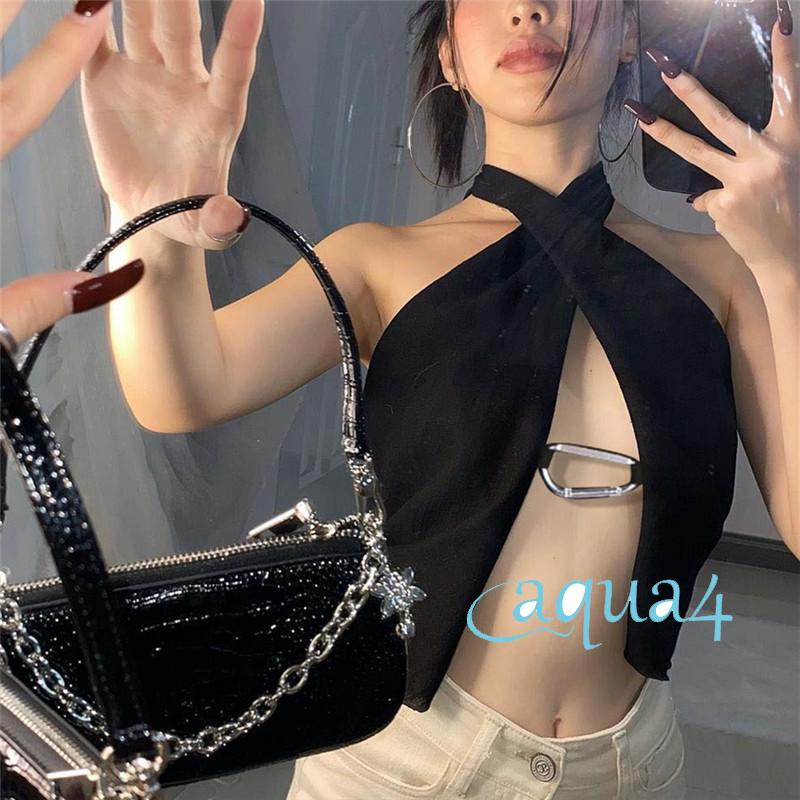 Áo Croptop Hai Dây Màu Trơn Dáng Ôm Phối Khóa Gài Trước Thời Trang Mùa Hè Cho Nữ