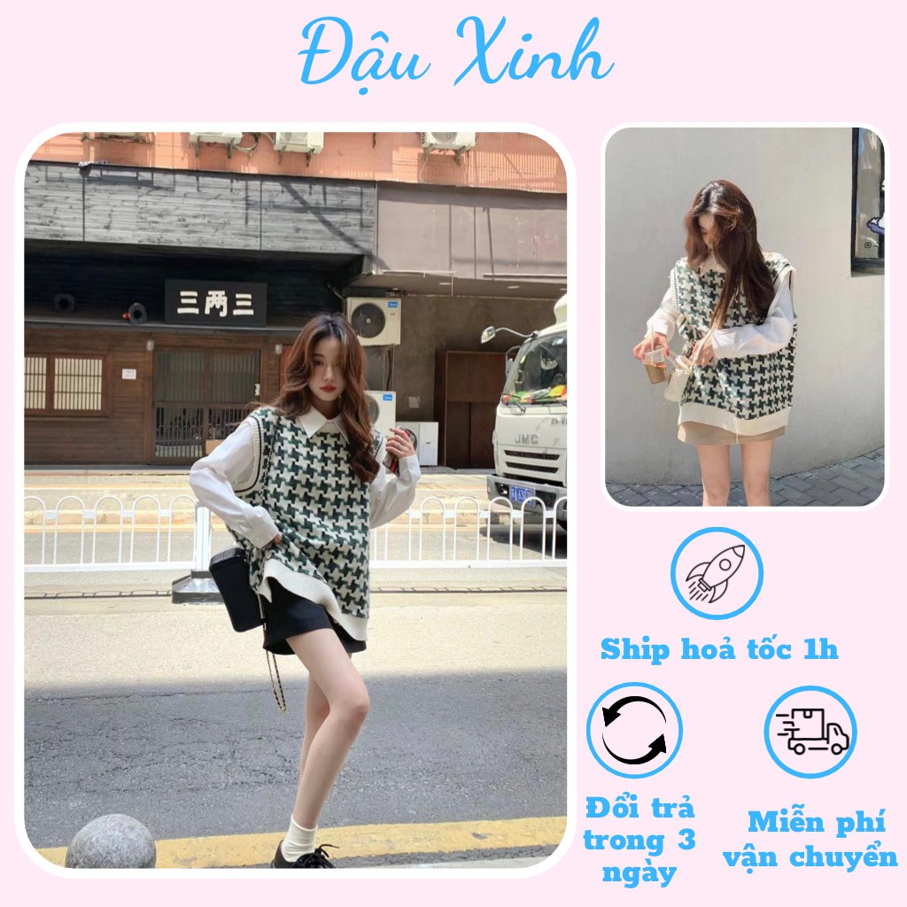 Áo gile len ulzzang họa tiết kẻ dáng rộng nam nữ hàn quốc - 030