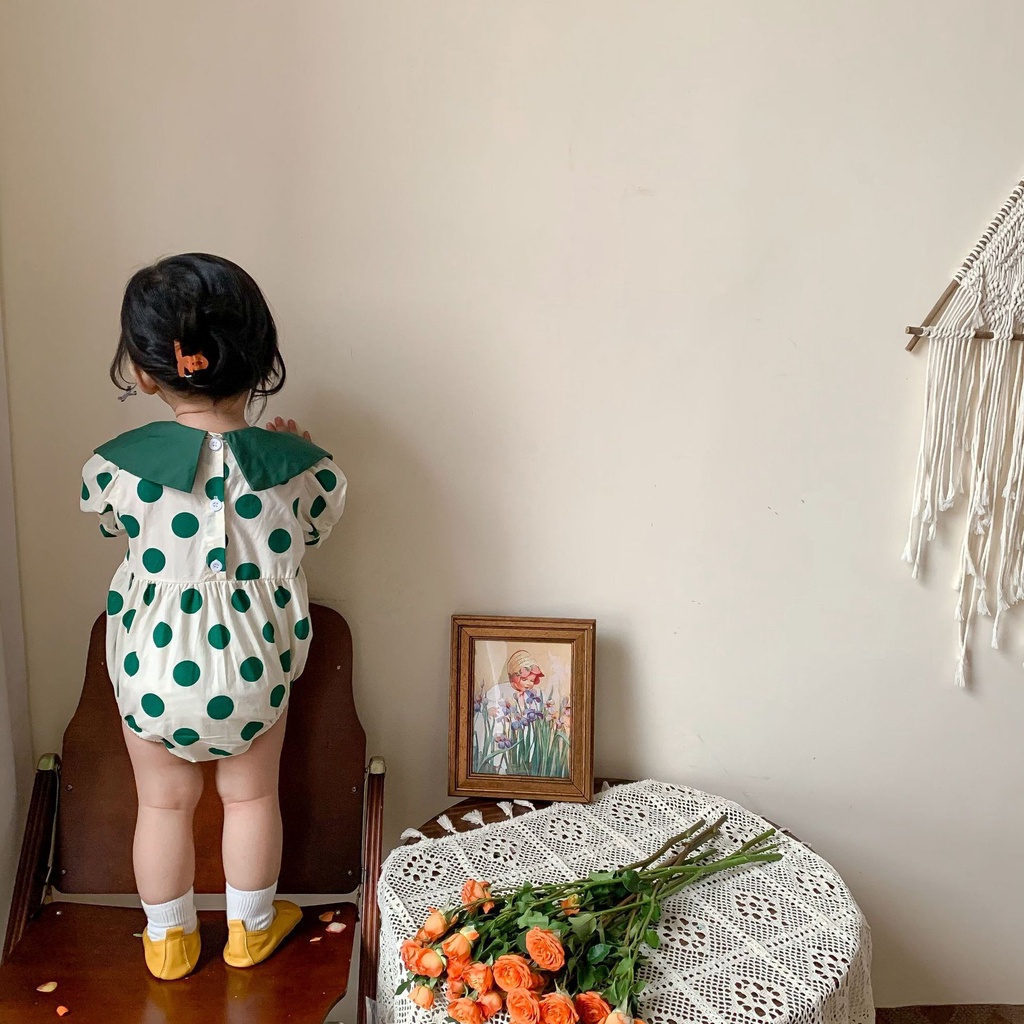 Baby Girl Jumpsuit 2022 Summer Korean Style Baby Girl Polka Dot Chest Big Bowknot Bag Fart Romper WjVg