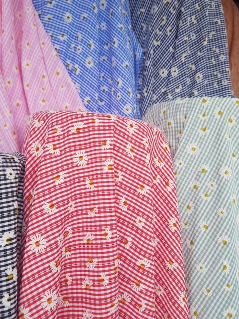 vải caro hoa cúc ánh nhũ may váy áo không cần lót