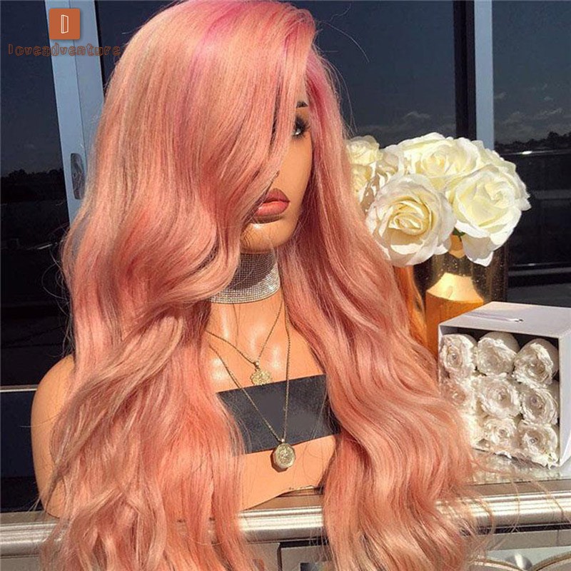 LV△ Women Pink Long Curly Wig Synthetic Wavy Hair Heat Resistant Wig