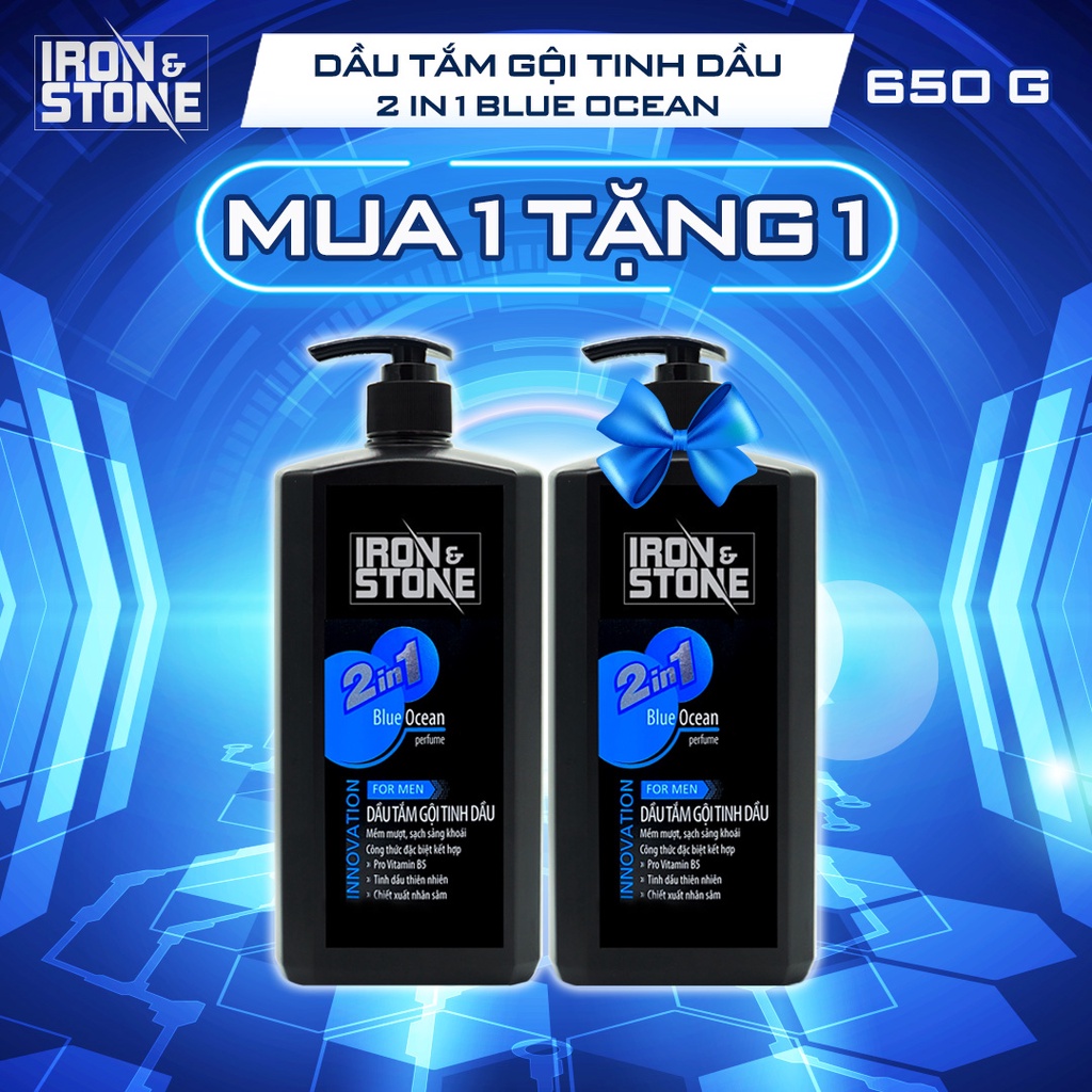- Dầu tắm gội tinh dầu 2in1 IRON & STONE Innovation Hương Blue Ocean 650ml