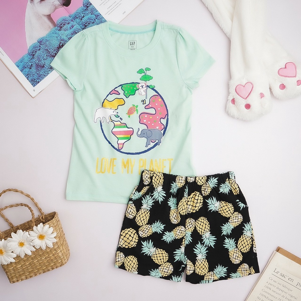 Set đồ bộ ngắn tay thun cotton bé gái GAP bướm heo peppa chuột mickey bé  16 đến 40 ký