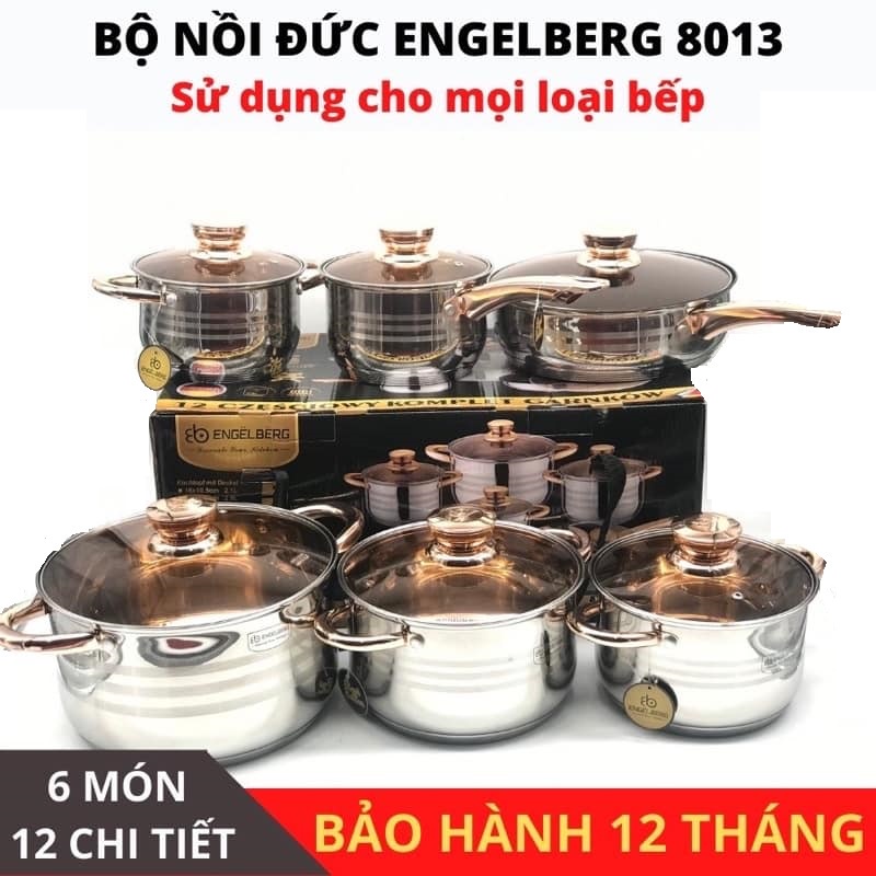 Bộ Nồi Và Chảo Vung Kính 6 Món 12 Chi Tiết ANGELBERG 8013 Đáy Từ 5 Lớp Cao Cấp