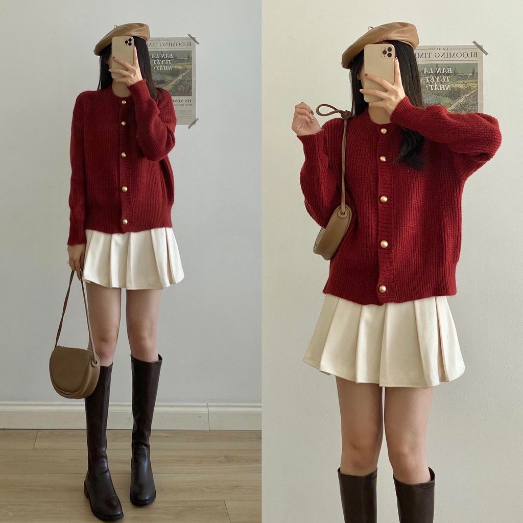 Áo cardigan len cổ tròn cúc vàng đồng _A0321