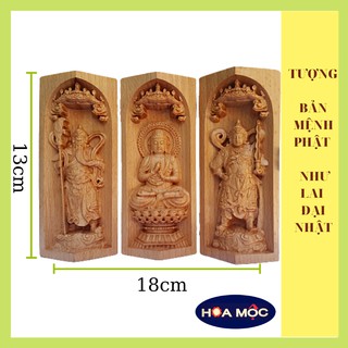 Tượng Phật Bản Mệnh Như Lai Đại Nhật, hai vị Già Lam hộ pháp Vi Đà Tôn Thiên – Quan Vũ [hoa mộc] 13x7cm